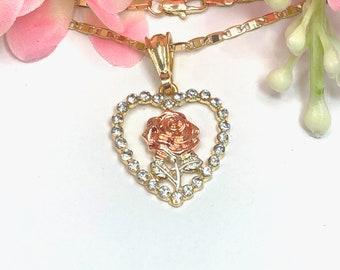 Gold Plated Heart With Rose Inside Necklace. Heart Pendant And Chain