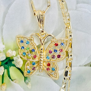 Gold Plated Butterfly Multicolor Cz Pendant Necklace & Flat Chain 22 in, Butterfly Necklace, Cadena Mariposa, Dije Mariposa en Oro Laminado