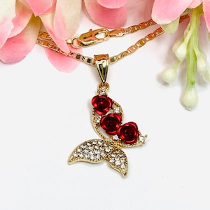 Butterfly Necklace, Gold Plated Butterfly With Rose Flowers Pendant And Chain