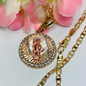 Saint Jude Necklace, Gold Plated Saint Jude Thaddeus Round Shape Pendant & Chain , Religious Jewelry