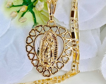 Gold Plated Heart And Virgen Guadalupe Gold Color Pendant Necklace- 14k Gold Plated Heart-Virgen Guadalupe/Our Lady Mary Gold Color Necklace