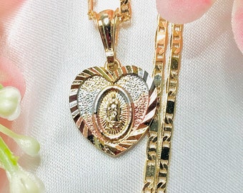 Heart Necklace, 14k Gold Plated Heart Tri-Tone Gold Color Pendant With Chain 20in