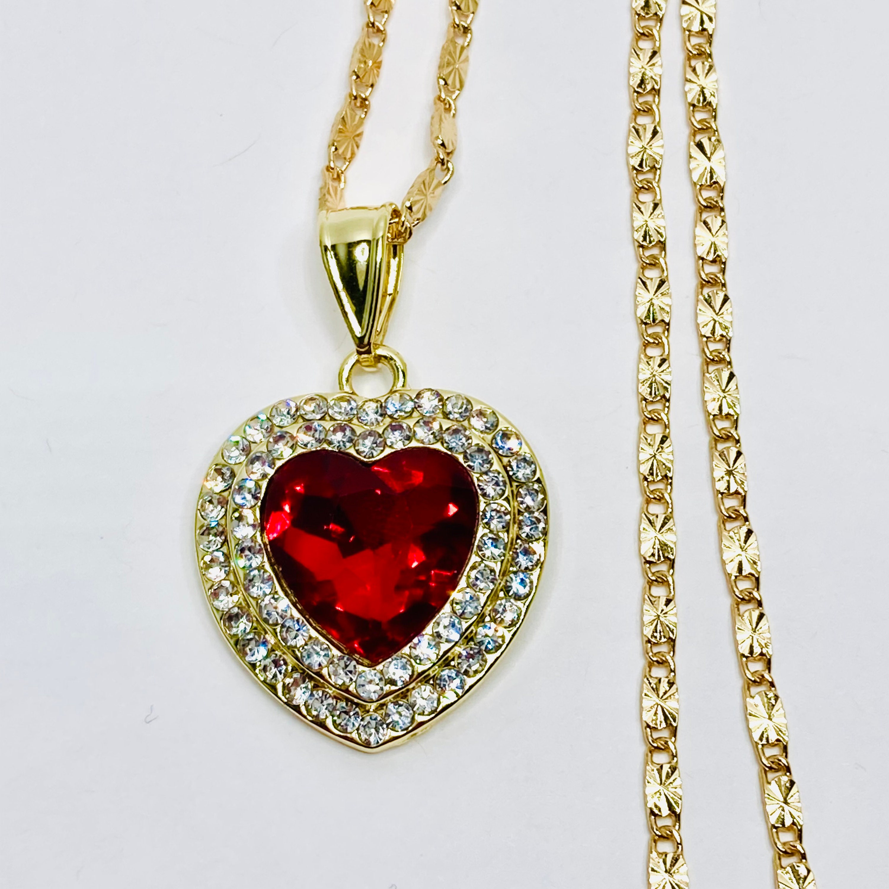 Gold Plated Heart With Huge Red & White Cubic Zirconia