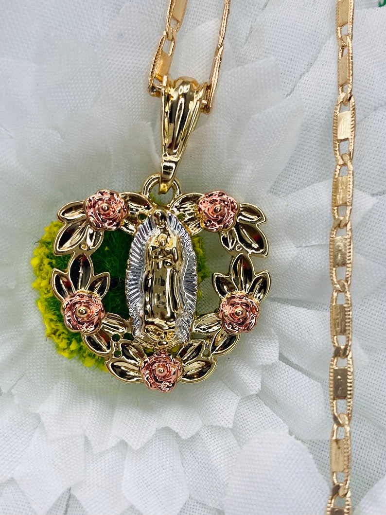 14k Gold Plated Virgin Mary With Flowers Heart Shape Pendant - Etsy