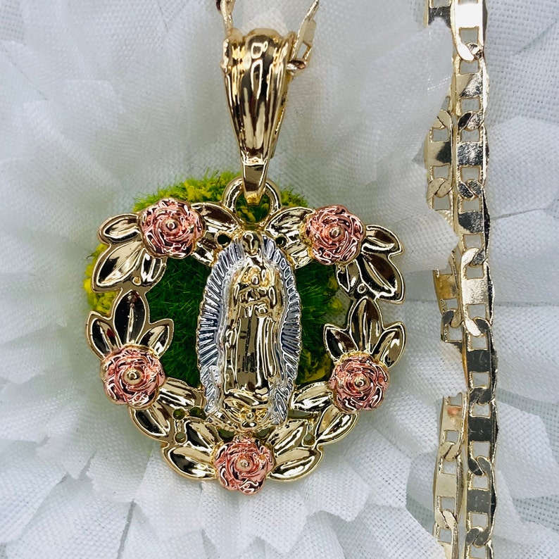 14k Gold Plated Virgin Mary With Flowers Heart Shape Pendant | Etsy