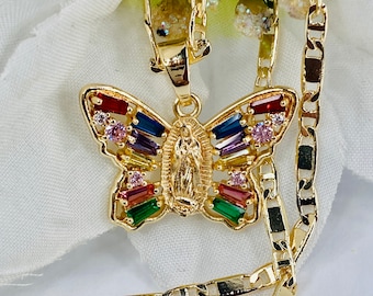 Gold Plated Butterfly With Virgin Guadalupe/ Marie Pendant Necklace- 14k Gold Plated Butterfly Necklace- Cadena Mariposa Oro Laminado