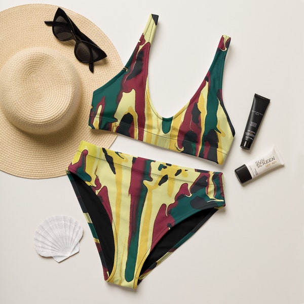 JAMAICA ALL-OVER PANEL SIDE STRINGS BIKINI SWIMSUIT SET- RASTA