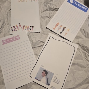 May include: Four different pieces of paper with a white background and black lines. The top left paper has a border of cartoon girls. The top right paper has a blue rectangle with the word "myspace" in white text. The bottom left paper has the text "aditiated to MYSPACE!!" in pink and purple. The bottom right paper has a black border and a photo of a man with the text "Tom" above the photo. The text below the photo reads "Male, 32 years old, Santa Monica, CALIFORNIA, United States, Last Login: 10/30/2007".