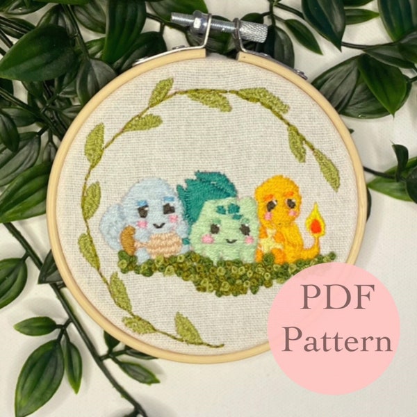 Embroidery PDF Pattern Design| digital pdf pattern| beginner embroidery pattern pdf|  animals and leaves pattern| modern embroidery pokemon