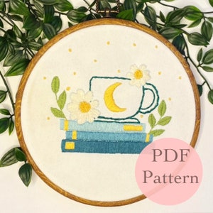 Embroidery PDF Pattern Design| digital pdf pattern| beginner embroidery pattern| teacup and books with plants pattern| Modern Embroidery