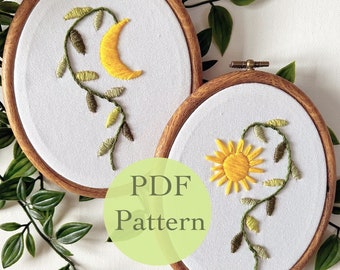 Embroidery PDF Pattern Design| digital pdf pattern download| beginner embroidery pattern| Sun and Moon Flowers | Modern Plant Embroidery