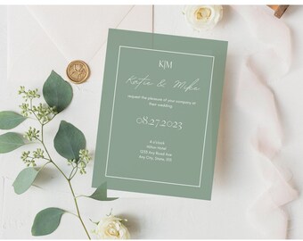 Sage Minimalistic Wedding Invite, Light Green,  Modern Simple Electronic Wedding Invitation, Editable Template, Canva, Customizable Evite
