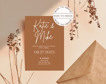 Terracotta Wedding Invite, Made to Order Simple Wedding Invite, Modern Minimalist Wedding Invitation, Custom Order Invitation, Custom Evite