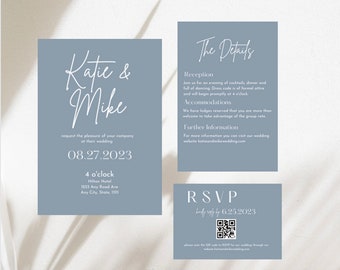 Dusty Blue Wedding Suite, Minimalist Wedding Invite, Wedding Suite Modern, RSVP and Details, Editable Template Evite, Canva Instant Download