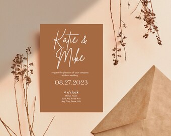 Terracotta Wedding Invite, Minimalist Wedding Invite, Modern Simple Wedding Invitation, Editable Template, Canva, Customizable Evite