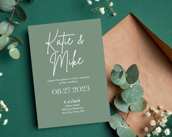 Sage Minimalistic Wedding Invite, Eucalyptus Theme Modern Simple Electronic Wedding Invitation, Editable Template, Canva, Customizable Evite