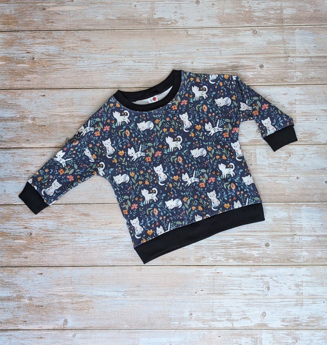 Toddler Long Sleeve Shirt With Cats, Blue Long Sleeve Shirt With Flowers, Cat Clothes for Girls