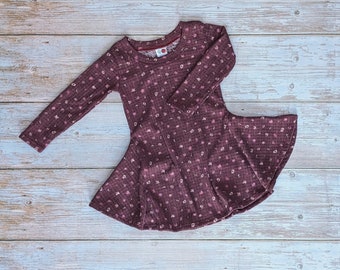 Maroon dress with flowers for girls, long sleeve dress for little girl, 4T dress for girls, simple dress long sleeve, floral clothing