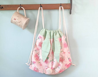 Pink bunny backpack for girls, cloth drawstring backpack, Easter gift for daughter, toddler travel bag, church bag for kids, best seller