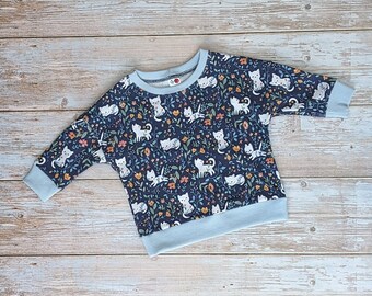 Blue cat shirt for baby, floral long sleeve shirt, cat clothes for babies, toddler girl long sleeve, clothes for baby girl, animal clothing
