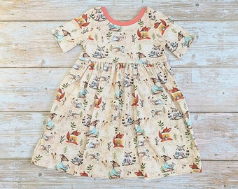 Animal print toddler dress, short sleeve dress for little girl, toddler girl clothes summer, woodland animals, whimsical animal print