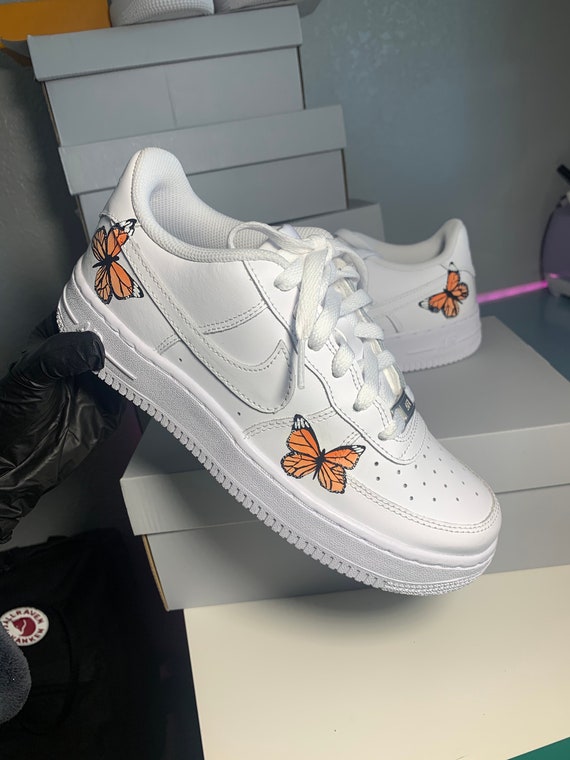 Orange White Nikes With Blue Butterflies Men's Custom Nike Air