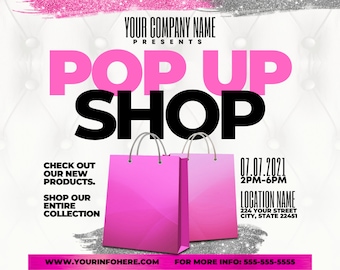 Puede incluir: Un folleto rosa y blanco con el texto "POP UP SHOP" en letras negras grandes. El folleto anuncia un evento de tienda emergente el 7 de julio de 2021, de 2 PM a 6 PM. El folleto también incluye el texto "CHECK OUT OUR NEW PRODUCTS. SHOP OUR ENTIRE COLLECTION." y una dirección de sitio web y un número de teléfono para obtener más información.