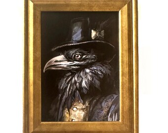 Framed Dark Academia Crow Art Decor, Moody Victorian Art, Dark Academia Art, Antique Victorian Decor, Victorian Painting Style mini–Art Gift