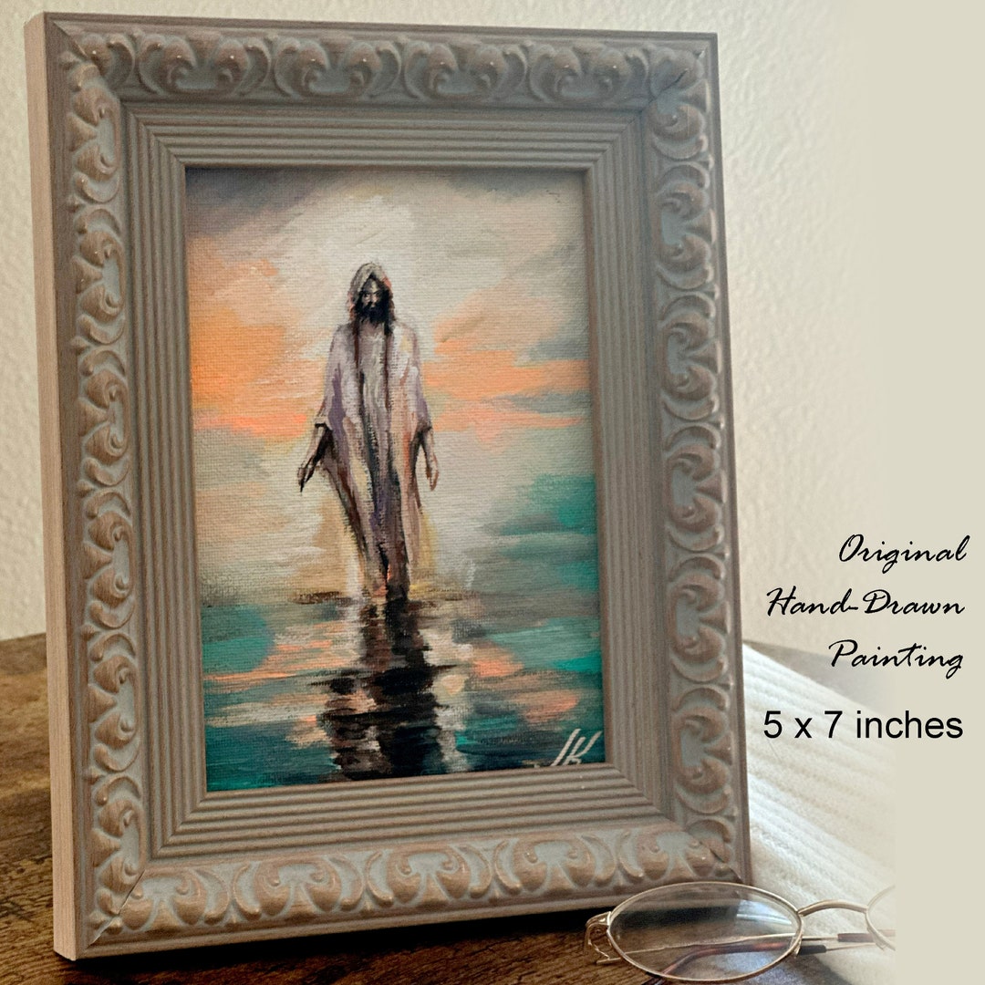 Elegant Framed Jesus Walking on Water Painting - Hand Painted With ...
