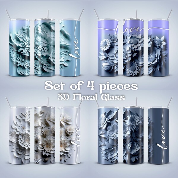 Seamless 3D Flower Wrap, Botanical Template, Sublimation for Skinny 20 oz Tumbler, Set of 4 pieces 3D Floral Glass, Wedding Design