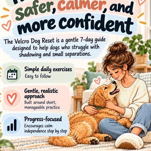 Peut inclure: Une affiche informative intitulée Help your dog feel safer, calmer, and more confident. Elle présente un guide de 7 jours pour les chiens souffrant d'anxiété de séparation, avec des exercices quotidiens, une approche douce et progressive.