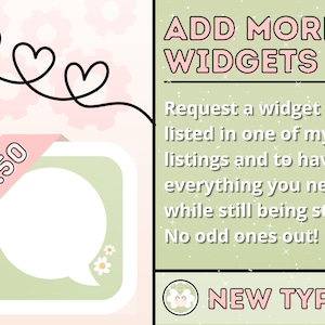 Puede incluir: Gráfico digital con un icono de burbuja de diálogo verde claro con un interior blanco y pequeños acentos de margarita. El texto "ADD MORE WIDGETS" se muestra encima de la descripción. Una pancarta rosa muestra el precio.