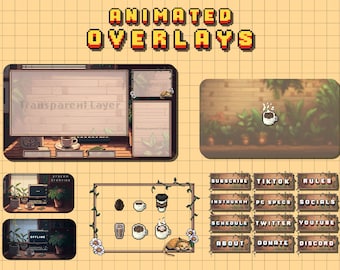 Animated Stream Overlay Package for Twitch, Cozy Lofi Pixel Art, Aesthetic Brown Coffee Color, Twitch Plant Overlay, Cute Cozy Desk Overlay