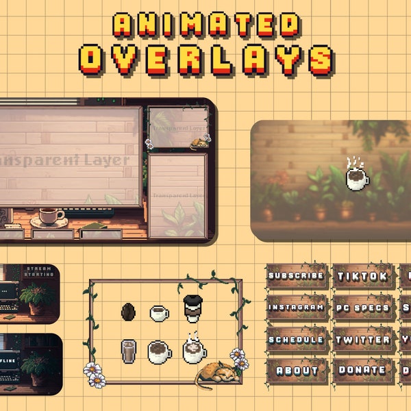 Animiertes Stream Overlay Paket für Twitch, Cosy Lofi Pixel Art, ästhetische braune Kaffeefarbe, Twitch Plant Overlay, niedliches gemütliches Schreibtisch Overlay
