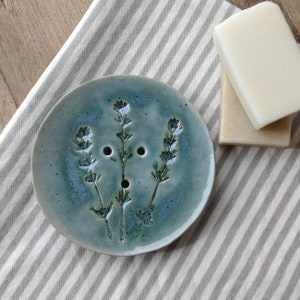 Handmade Round Ceramic Soap Dish, with Drainage Holes and Feet, Thyme Leaves, Botanical Herbs, by Quince Tree Studio