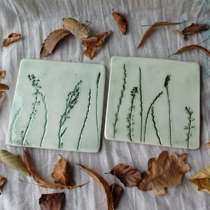 Handmade Large Square Ceramic Table Coaster, Country Rustic, Wild Grasses, by Quince Tree Studio