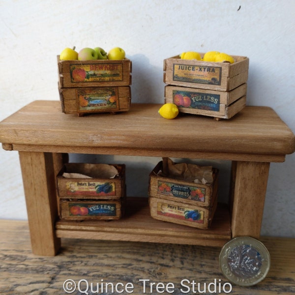 Pair of Miniature Wooden Crates, 1:12 Scale Dolls House, Garden Shed, Vintage Stacking Fruit & Veg Crates, Crafted in UK, Quince Tree Studio