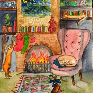 Gemütliche Winter zu Hause Grußkarte | A6 doppelseitig Postkarte | Aquarell Druck