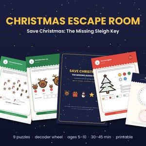 Pode incluir: Um jogo de escape room de Natal imprimível intitulado Save Christmas: The Missing Sleigh Key. O conjunto inclui várias folhas de atividades com quebra-cabeças apresentando renas, biscoitos e uma árvore de Natal, além de uma roda decodificadora.