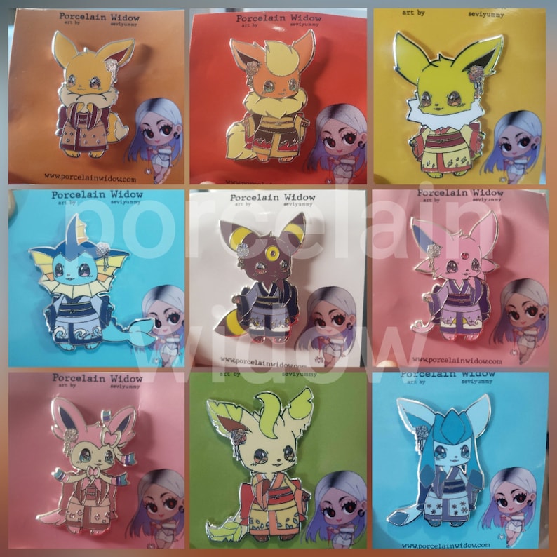 May include: A collection of enamel pins featuring various Pok&eacute;mon characters in traditional Japanese attire. Each pin is a different color and design, with a matching card featuring a stylized female character. The pins are from Porcelain Widow.