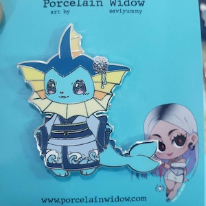 May include: A teal and silver enamel pin featuring a cartoon character in a kimono. The pin has a light blue body, dark blue kimono, and yellow accents. The pin is on a blue background with the text "Porcelain Widow" and "seviyummy".