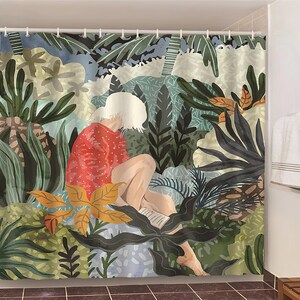 Girl in the jungle shower curtain, waterproof shower curtain with artistic print, cute bathroom decor themes, bathroom decor accessories.