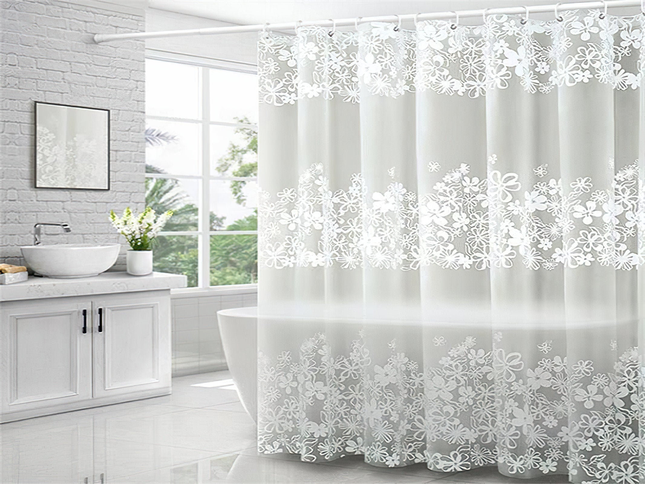 Clear transparent shower curtain with floral design Etsy