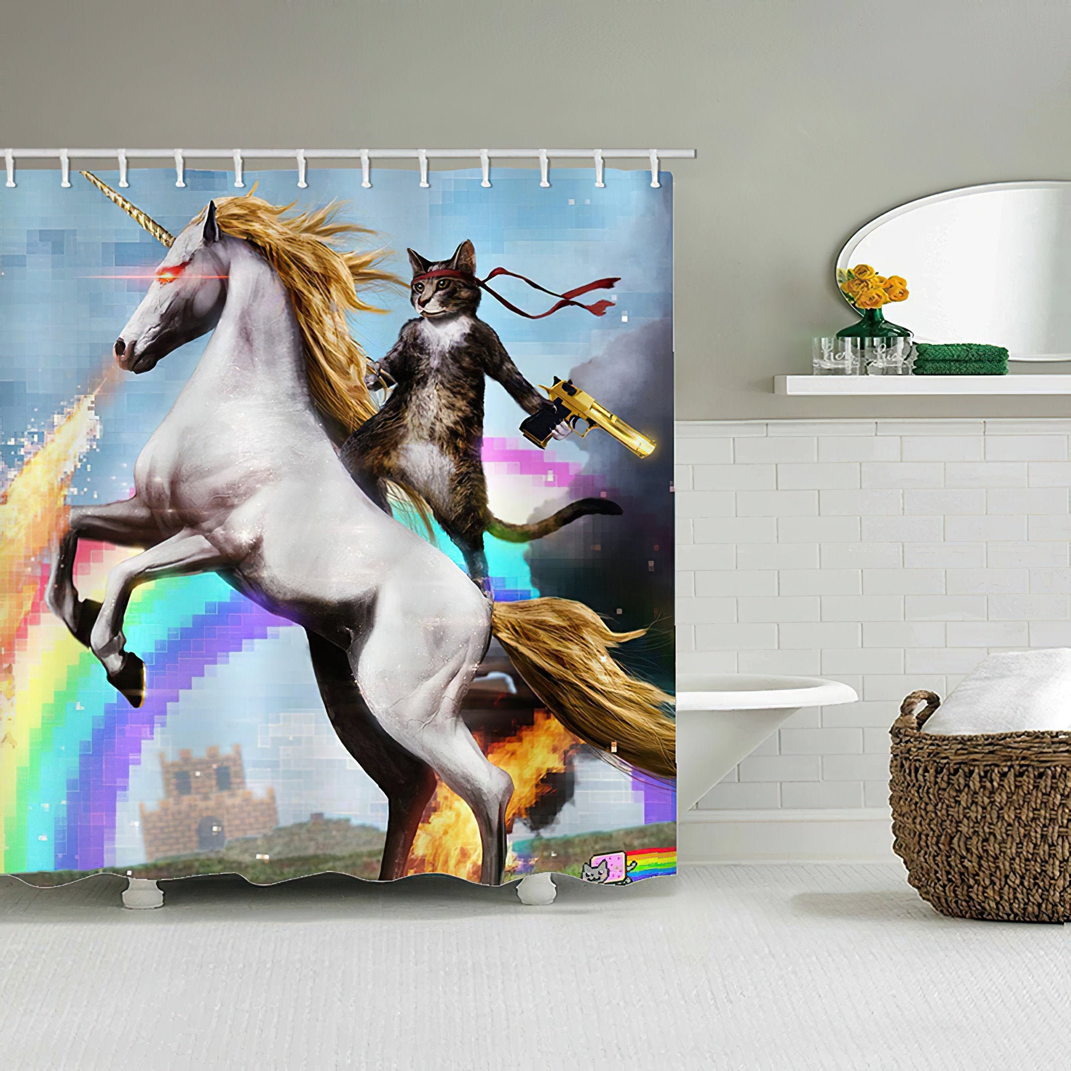 Cat riding unicorn shower curtain shower curtains with cat or Etsy