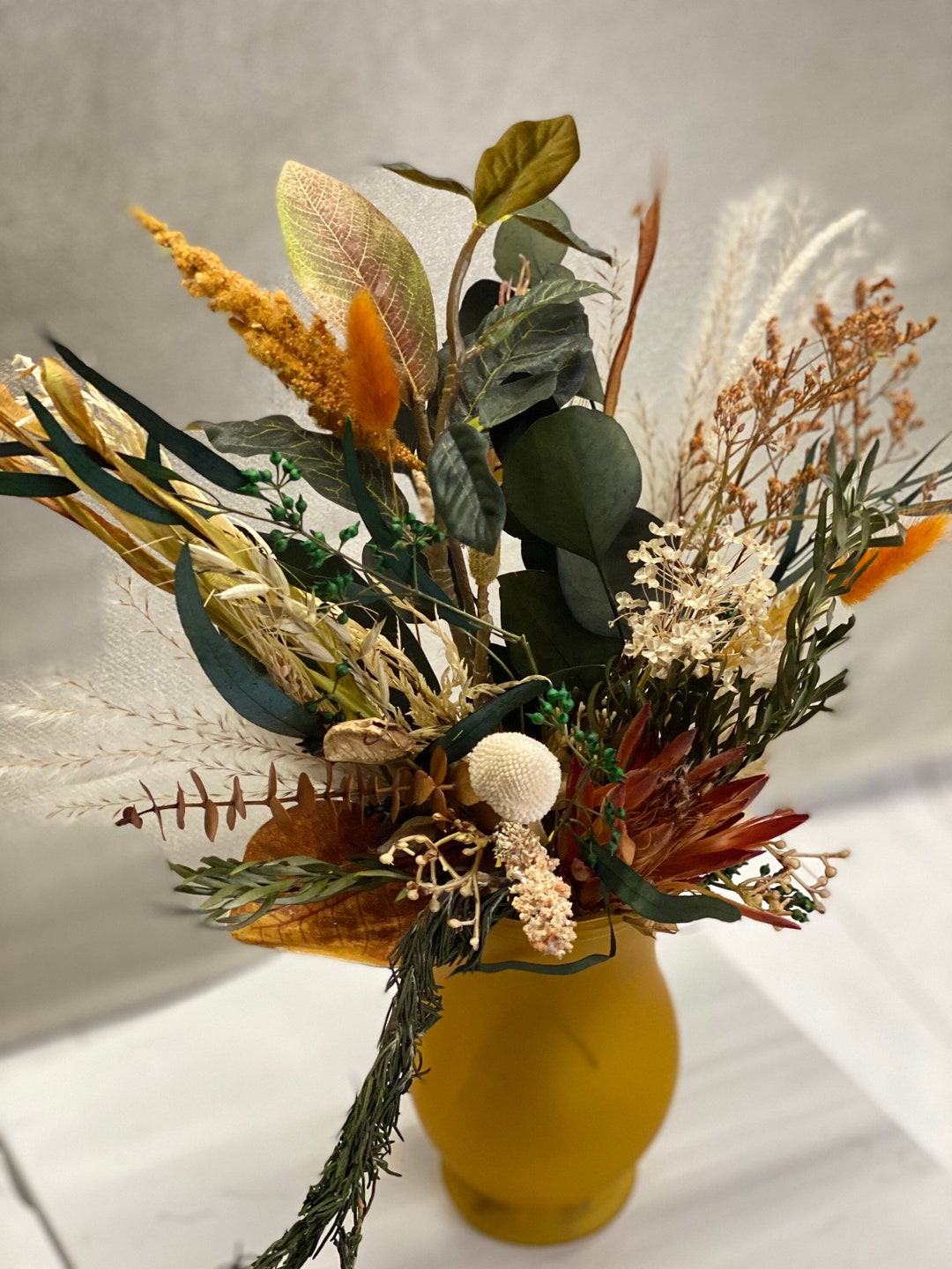A Mustard Yellow Vase Artificial Preserved Floral Arrangement Etsy