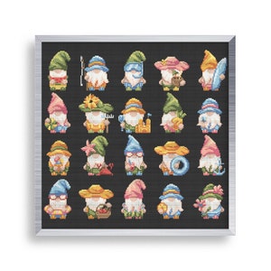 May include: A set of 16 colorful gnomes with different summer-themed accessories, including a surfboard, a beach umbrella, a pineapple, a bucket and shovel, a flower, a fishing rod, a life preserver, a watermelon, a basket of fruit, a seashell, and a starfish. The gnomes are all wearing hats and have white beards. The background is black.