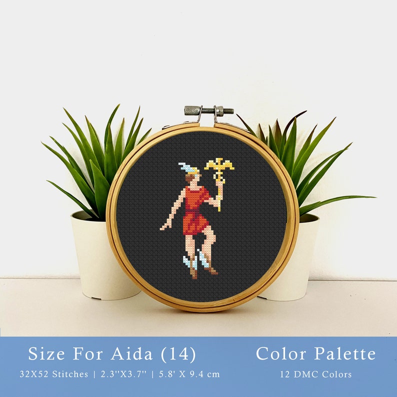 May include: A cross-stitch pattern of a person in a red tunic holding a golden staff with an eagle on top. The pattern is framed in a wooden hoop and is on black Aida cloth. The pattern is 32 stitches wide by 52 stitches high, and measures 2.3 inches by 3.7 inches, or 5.8 centimeters by 9.4 centimeters.