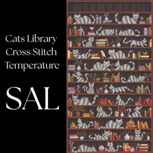 Könnte beinhalten: Kreuzstichmuster mit einem Bücherregal voller Bücher und grauen Tabby-Katzen in verschiedenen Posen. Der Text "Cats Library Cross Stitch Temperature SAL" befindet sich auf der linken Seite des Bildes.