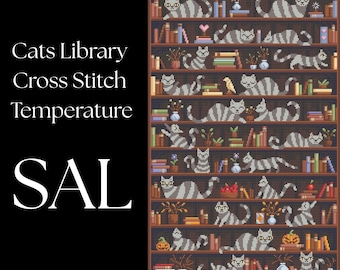 Cats Bookshelf Temperature SAL PDF , Colorful Stitch Along Cross Stitch , Books Cross Stitch For Beginners Chart