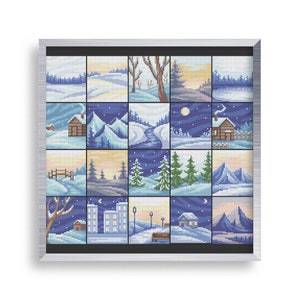 20 Tiny Cross Stitch Winter landscapes Set , Mini Cross Christmas Nature Bundle , Small Easy Snow Patterns , River Patterns for Beginners